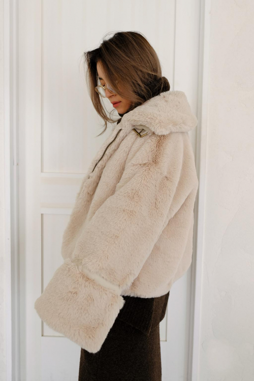 alexia stam Eco Fur Hooded Jacket Beige-