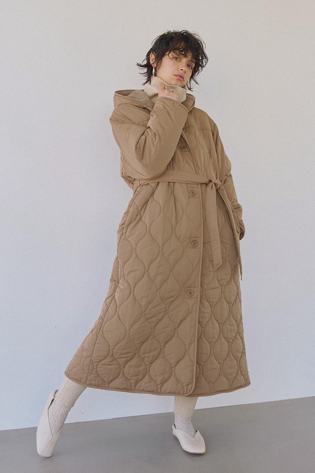 Reversible Quilting Padded Long Coat Beige