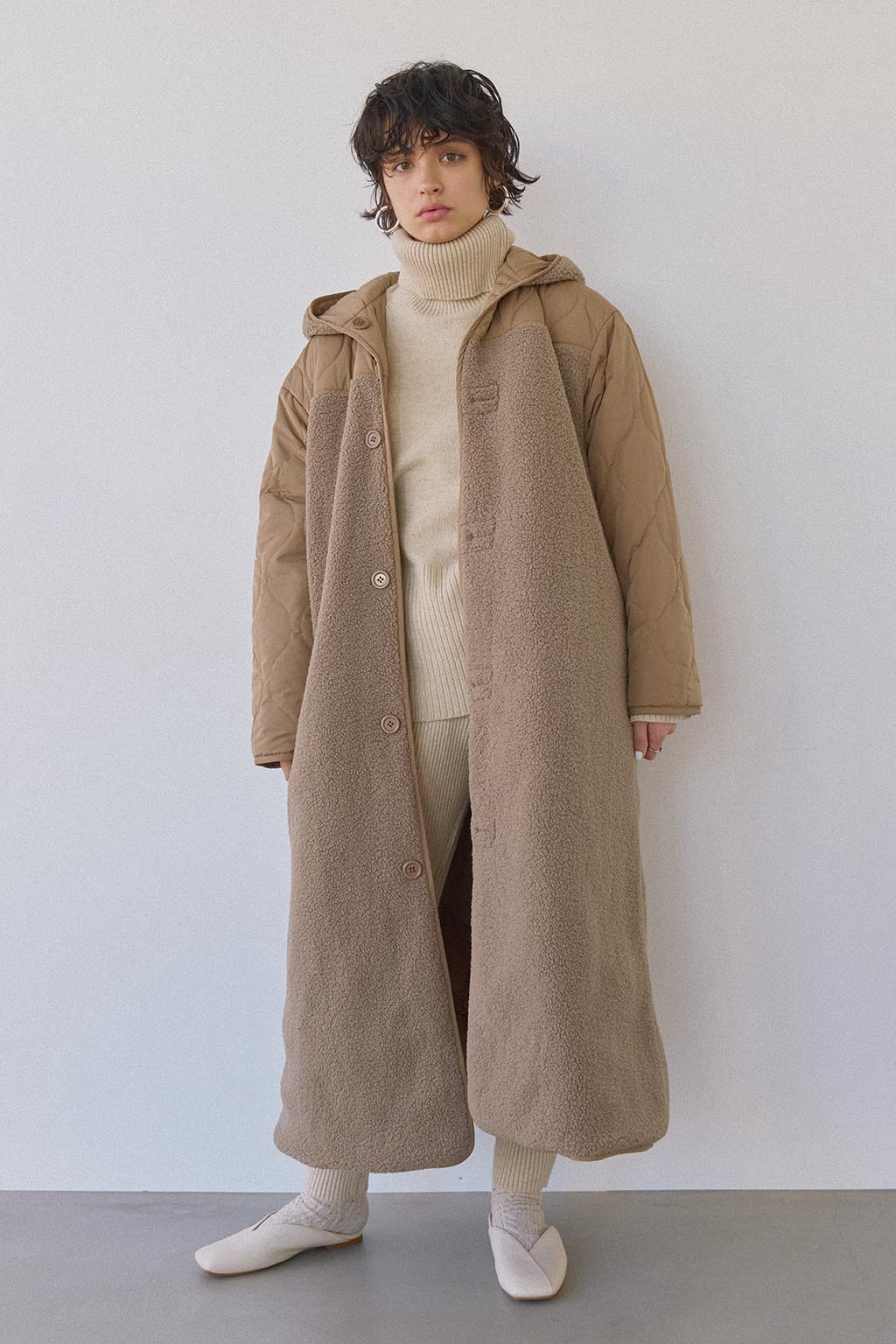 Reversible Quilting Padded Long Coat Beige - ALEXIA STAM