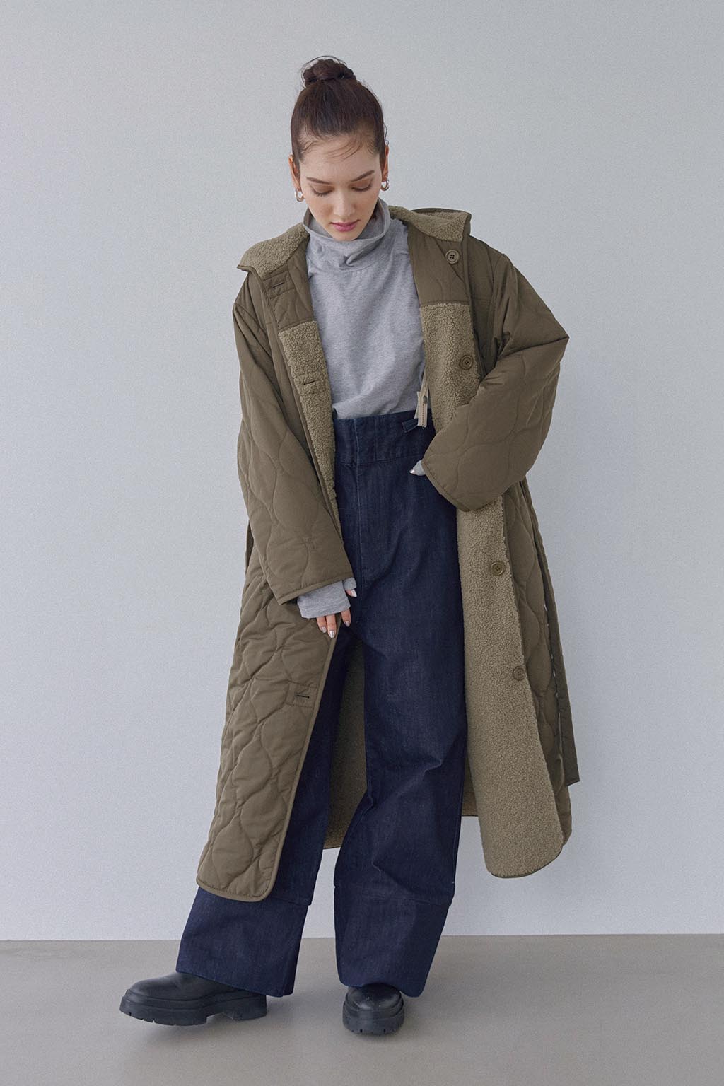 Reversible Quilting Padded Long Coat Khaki | ALEXIA STAM