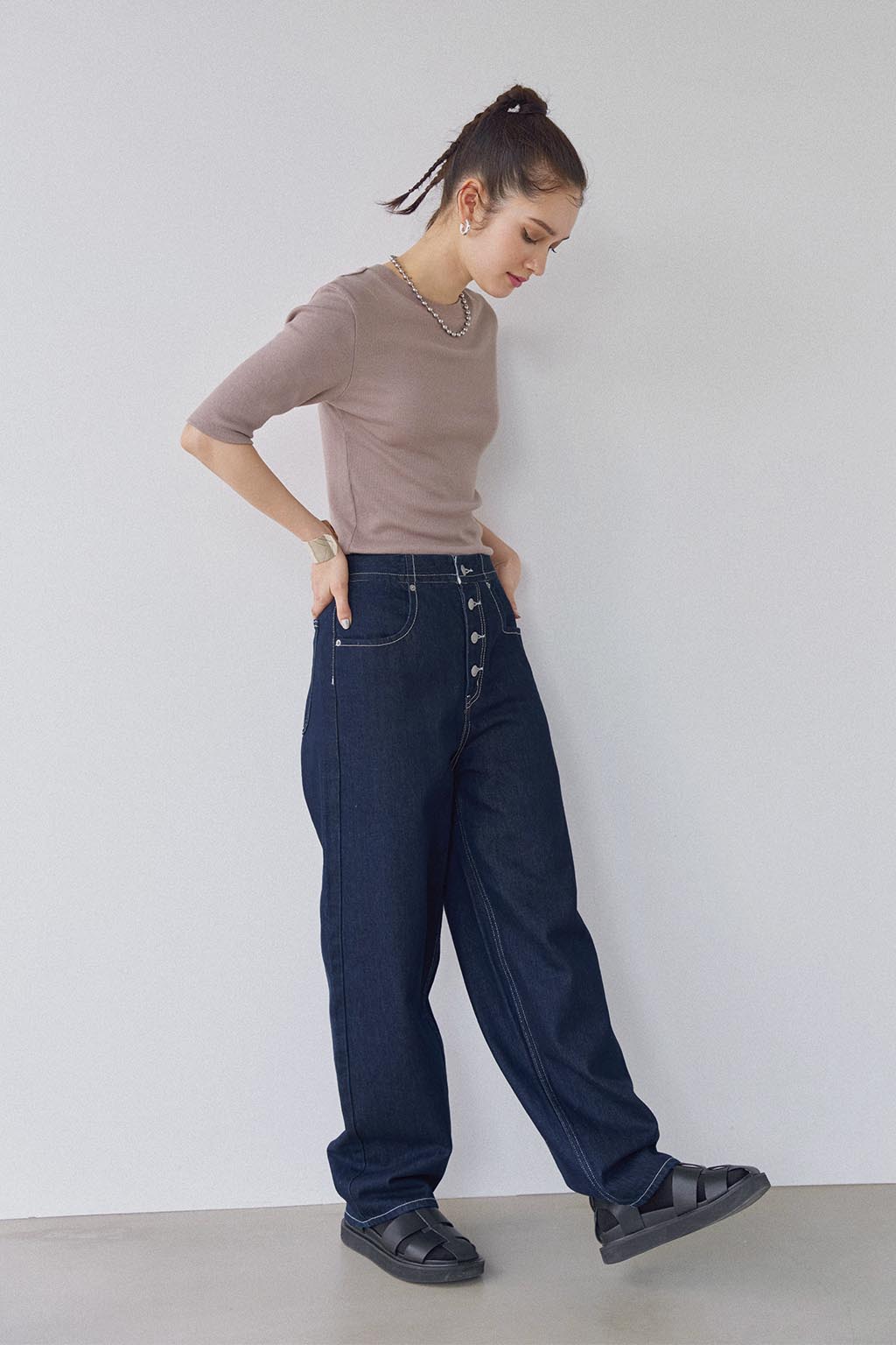 Front Button Straight Denim Pants