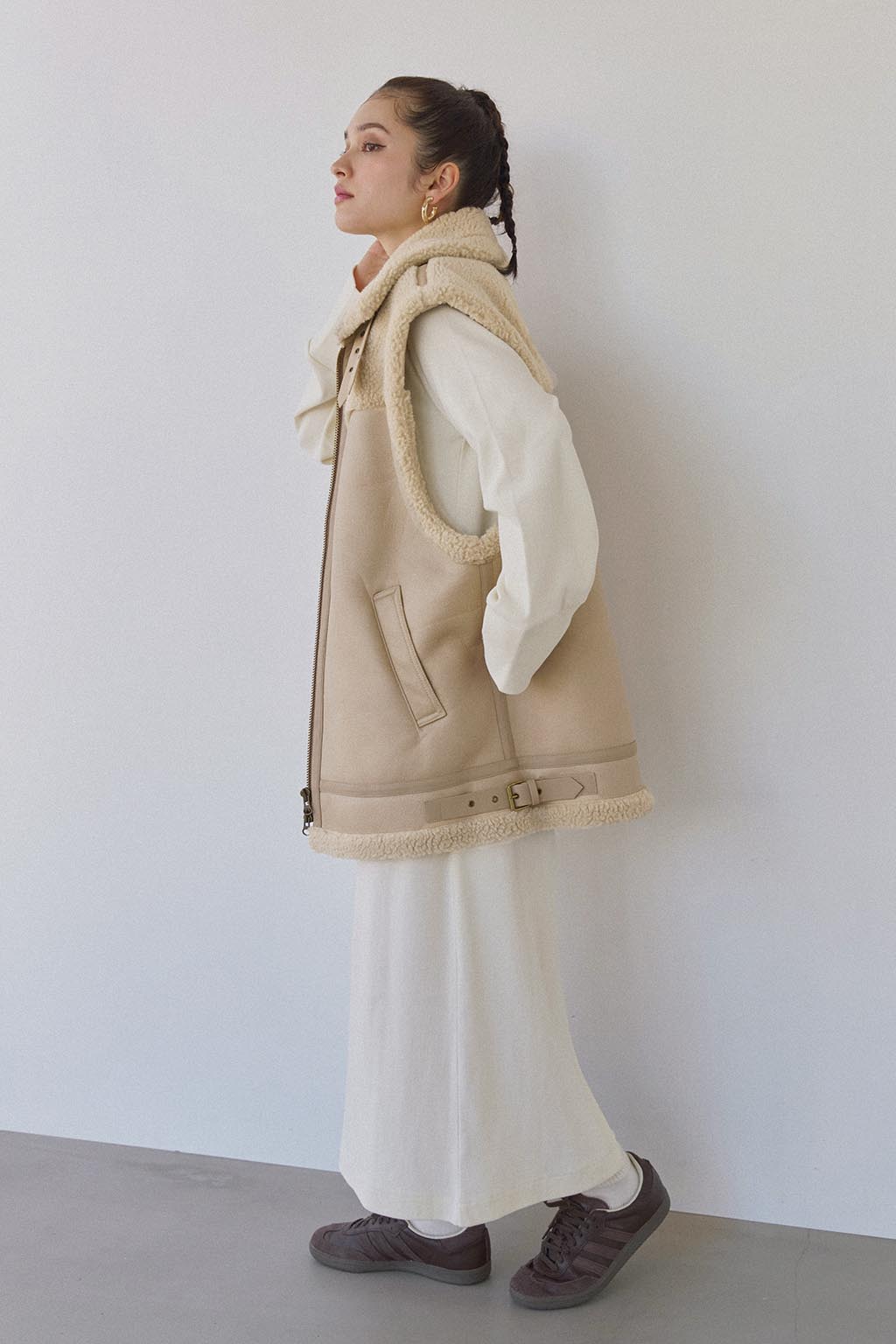 Oversized Boa Eco Leather Vest Beige