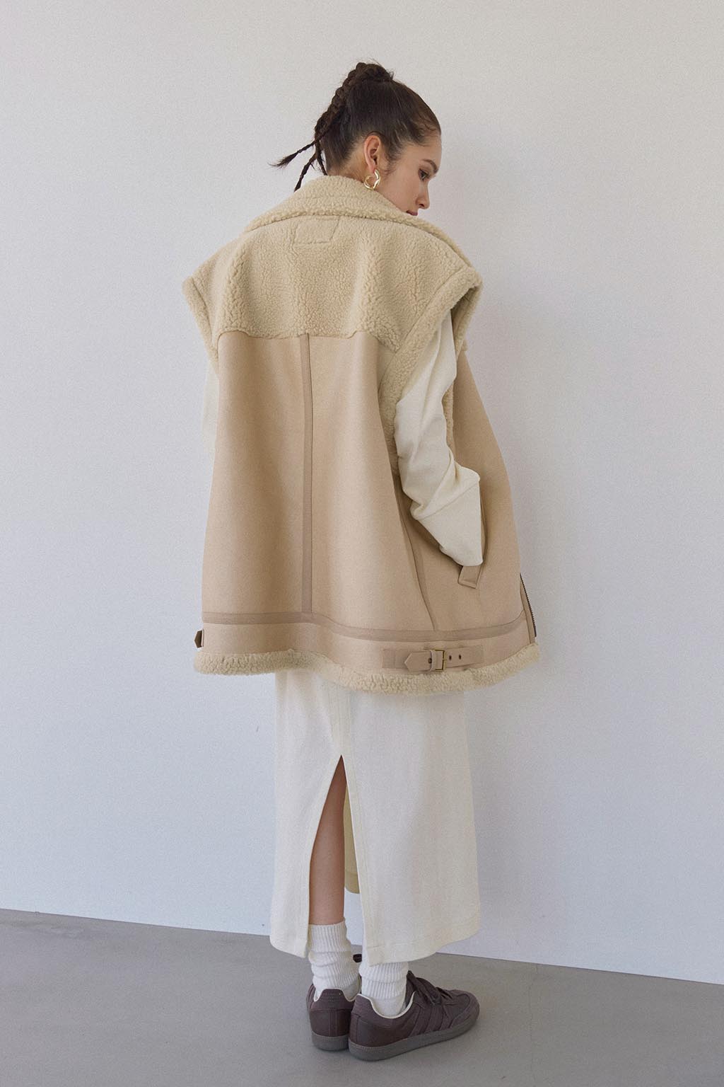 Oversized Boa Eco Leather Vest Beige