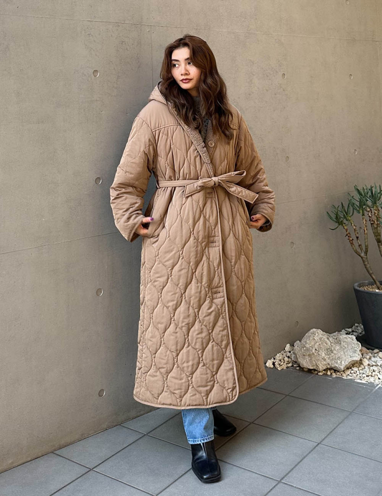 Reversible Quilting Padded Long Coat Beige - ALEXIA STAM