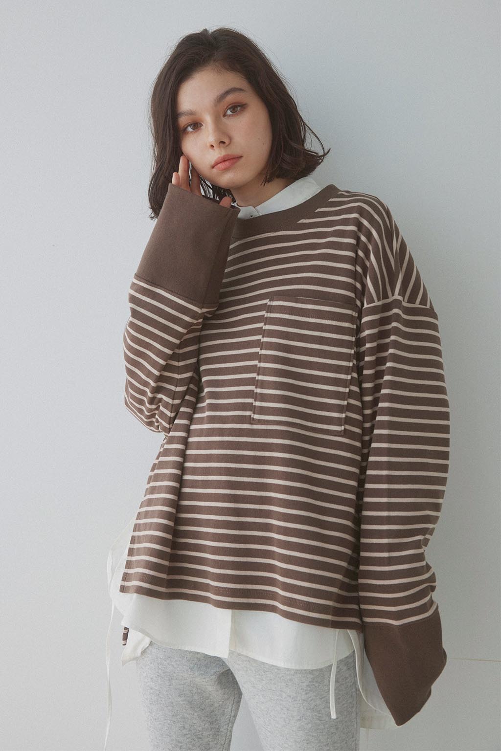 Striped Oversized Front Pocket Long Sleeve Top Brown x Beige