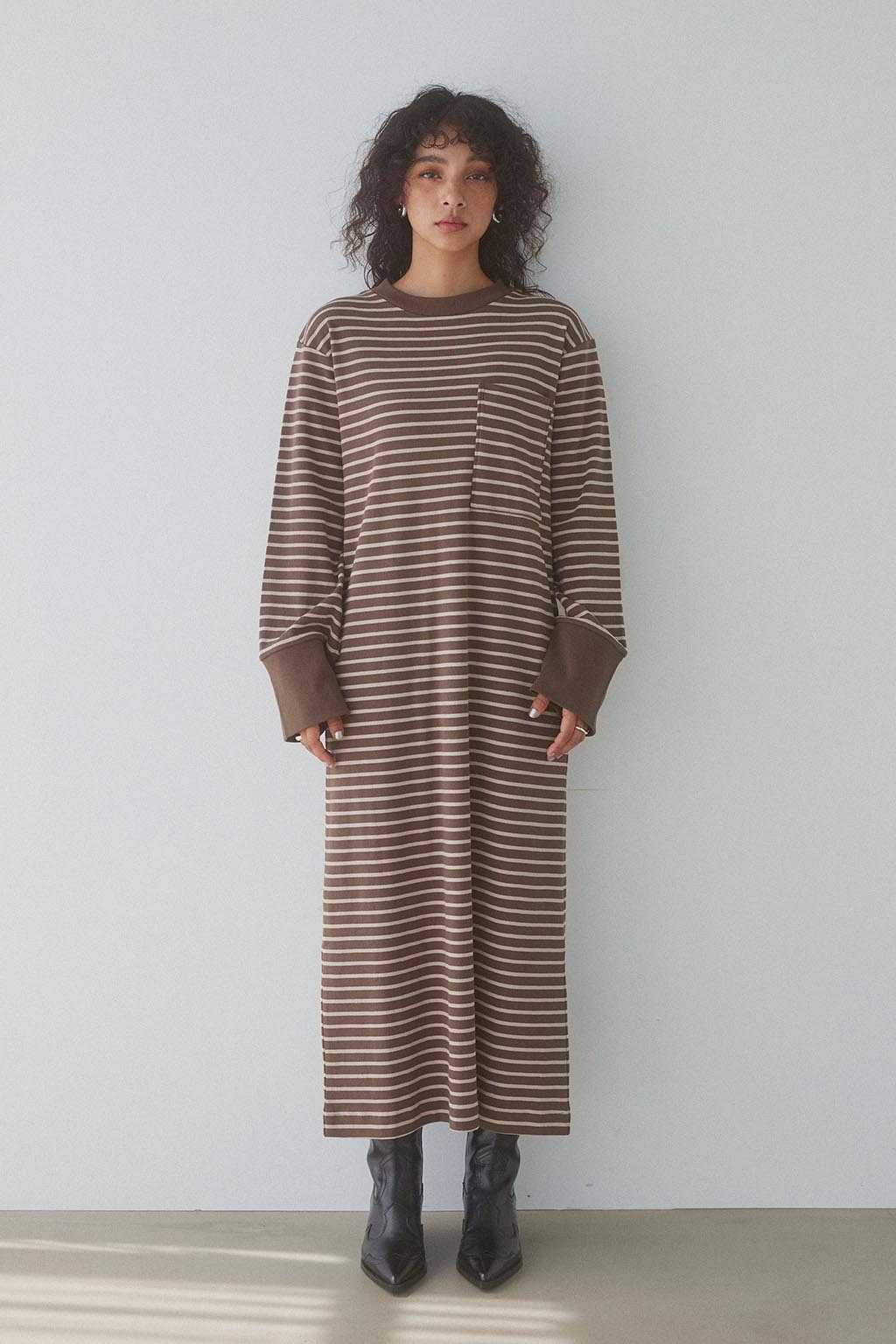 Striped Front Pocket Long Sleeve Dress Brown x Beige - ALEXIA STAM