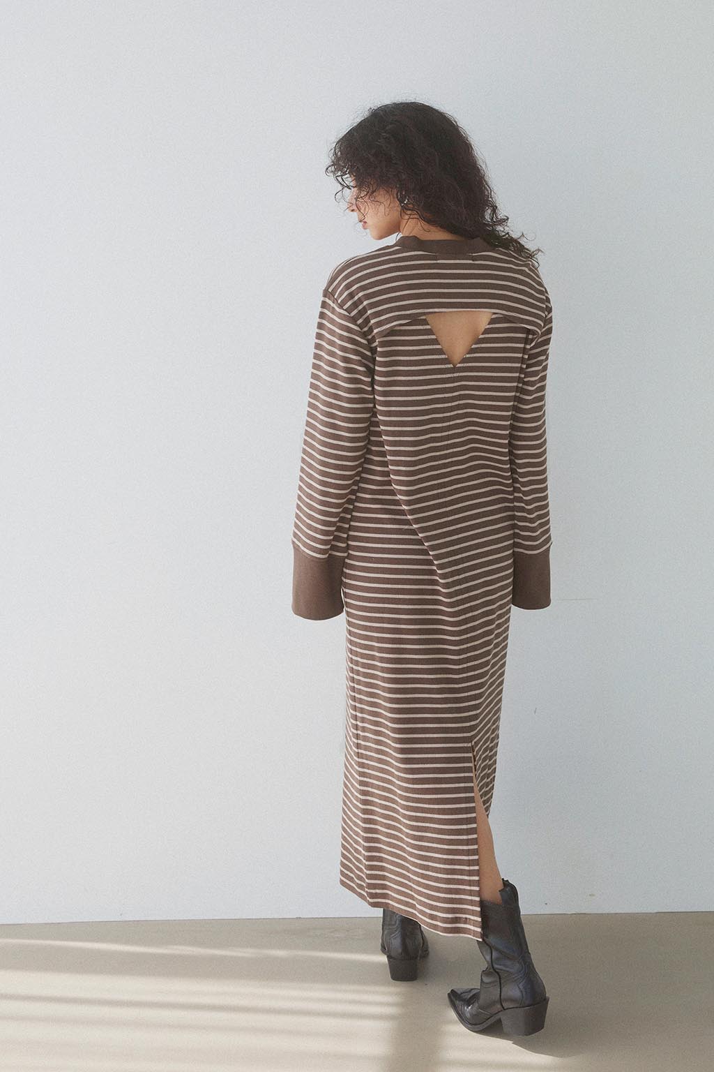 Striped Front Pocket Long Sleeve Dress Brown x Beige - ALEXIA STAM