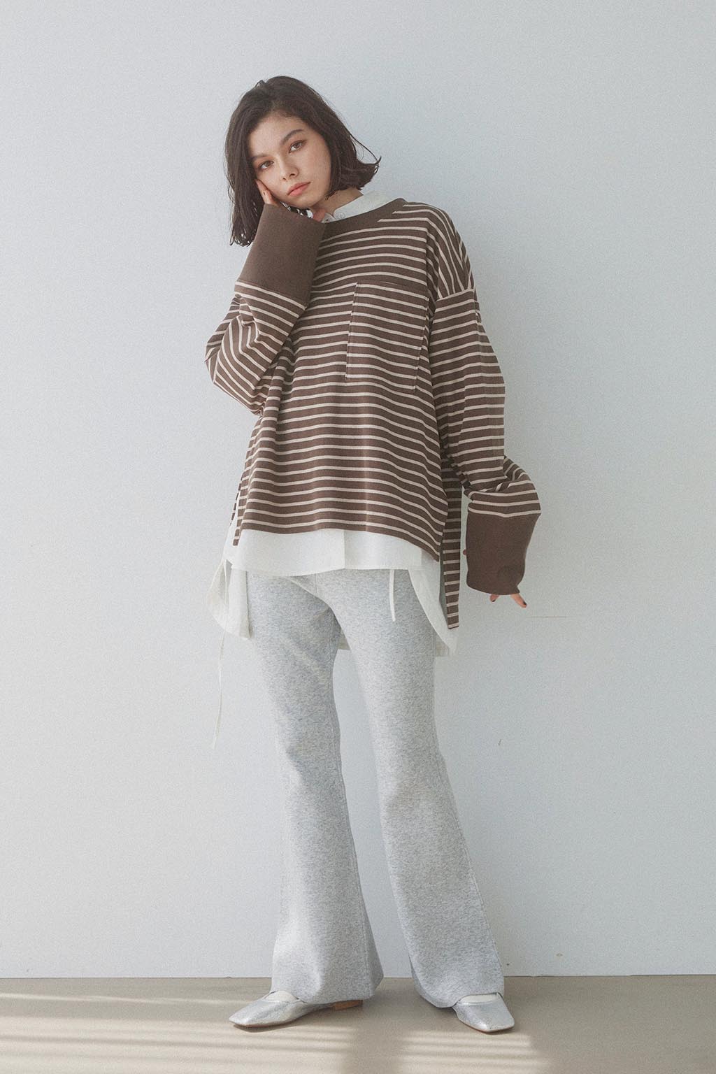 Striped Oversized Front Pocket Long Sleeve Top Brown x Beige