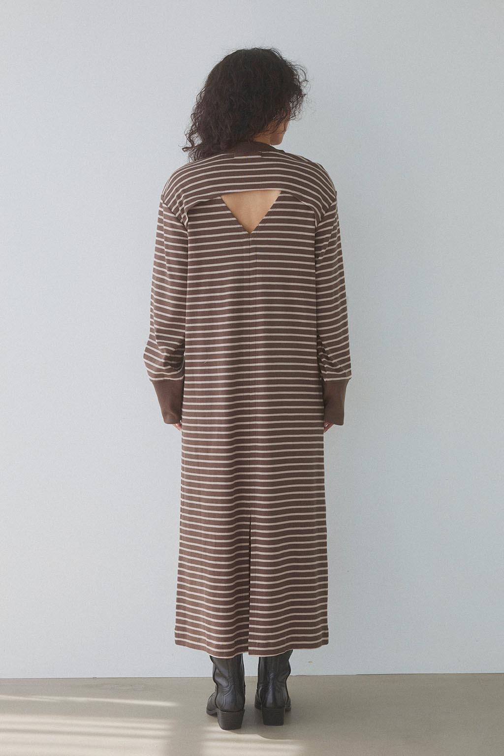 Striped Front Pocket Long Sleeve Dress Brown x Beige - ALEXIA STAM