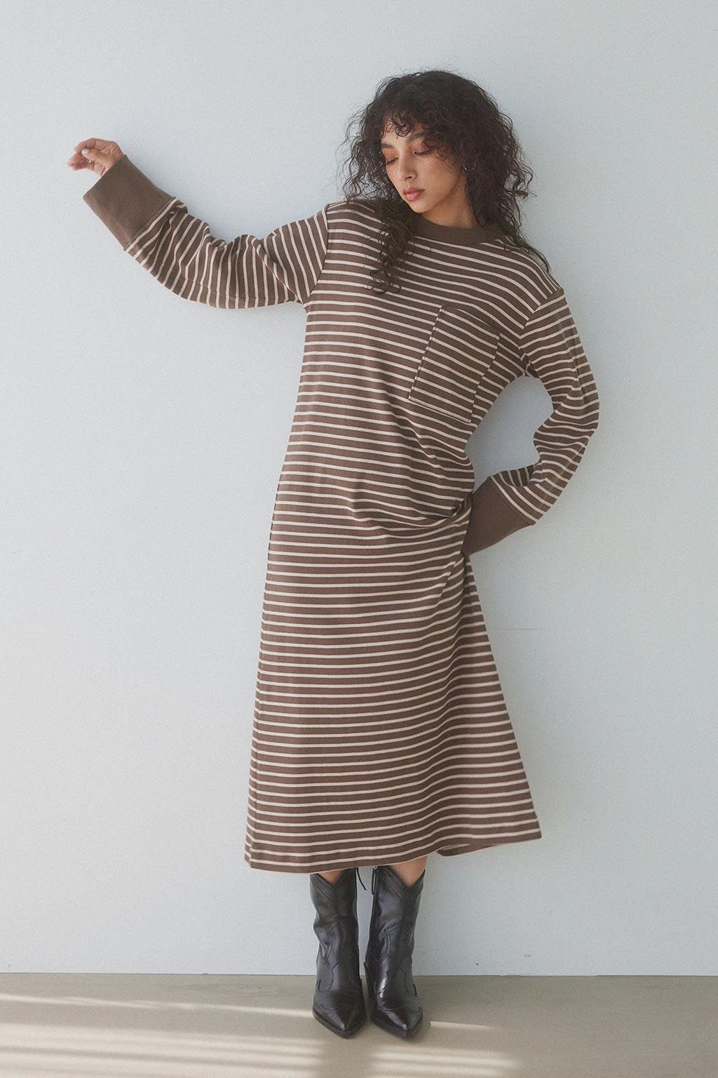 Striped Front Pocket Long Sleeve Dress Brown x Beige - ALEXIA STAM