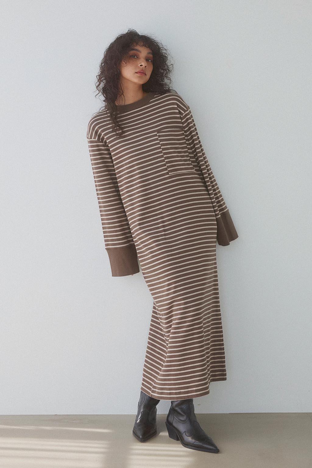 Striped Front Pocket Long Sleeve Dress Brown x Beige - ALEXIA STAM