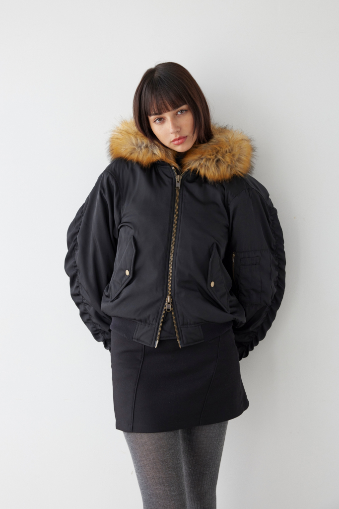 Fur Hooded Bomber Jacket Black | ALEXIA STAM