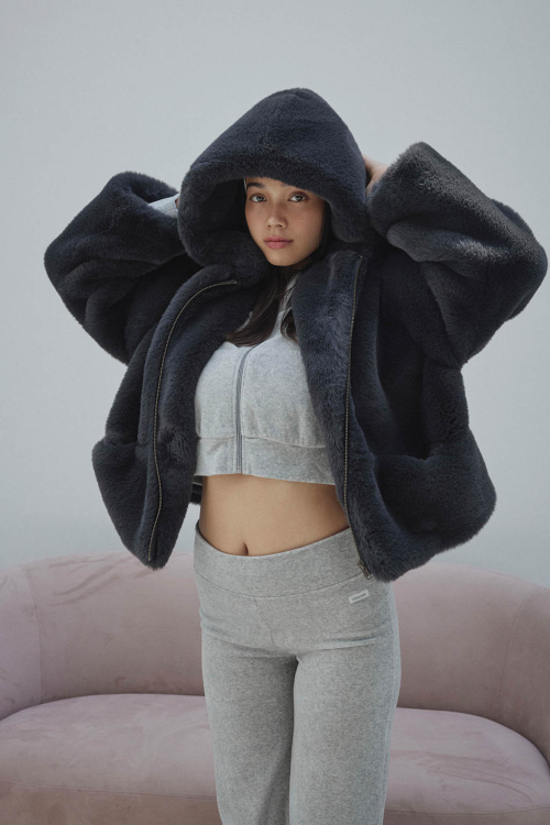 Hooded Eco Fur Jacket Black