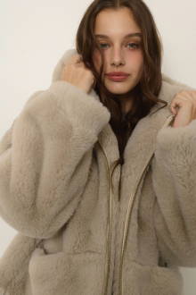 Hooded Eco Fur Jacket Greige