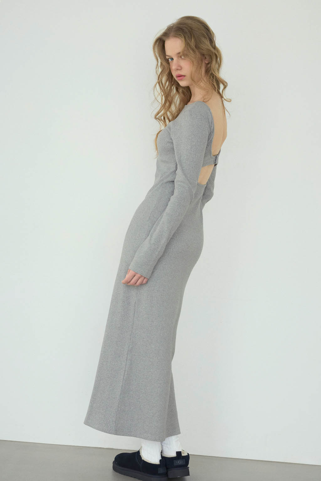 Back Adjuster Long Sleeve Rib Dress - 画像 (6)